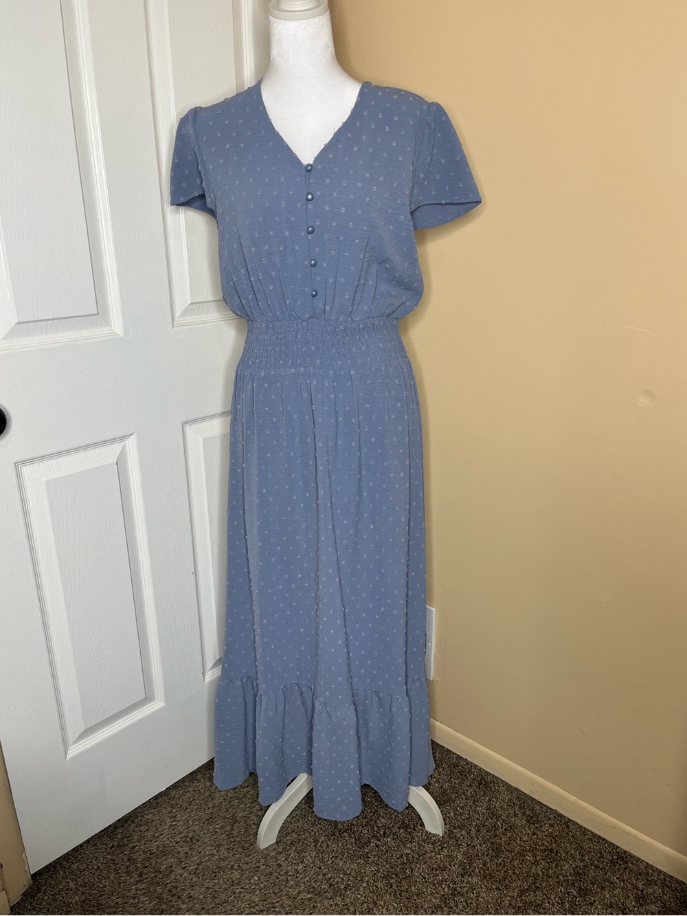 Light Blue Swiss Dot Flowy Long Summer Maxi Dress Size M